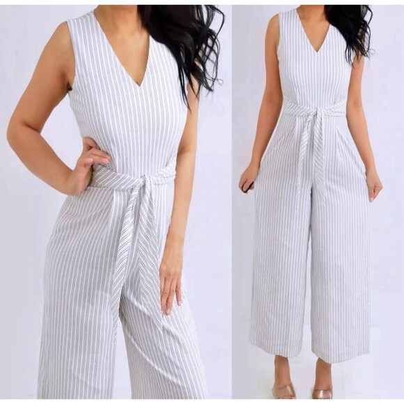 CALVIN KLEIN White Black Pinstriped Women's Wide Leg Romper Jumpsuit Size 14 EUC - Picture 3 of 13